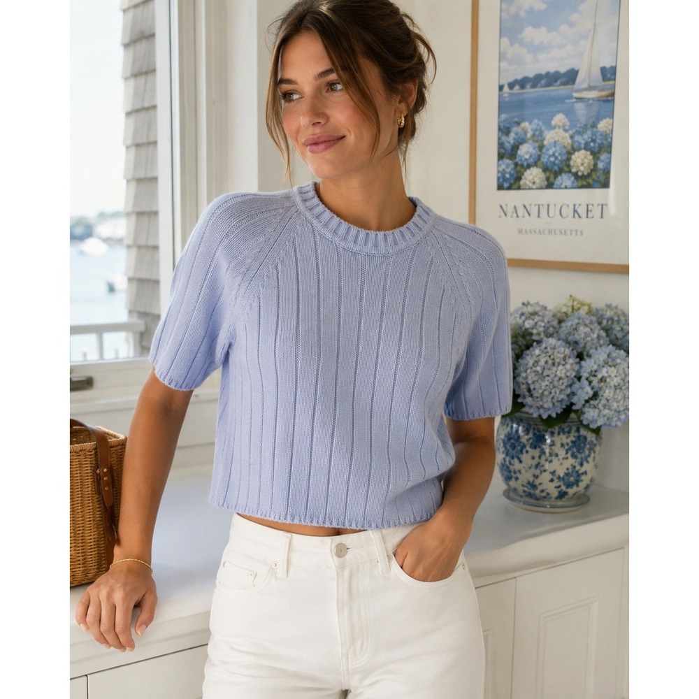Vintage J.Crew Cropped Sweater Small Sky Blue Wool Blend Ribbed Short Sleeve